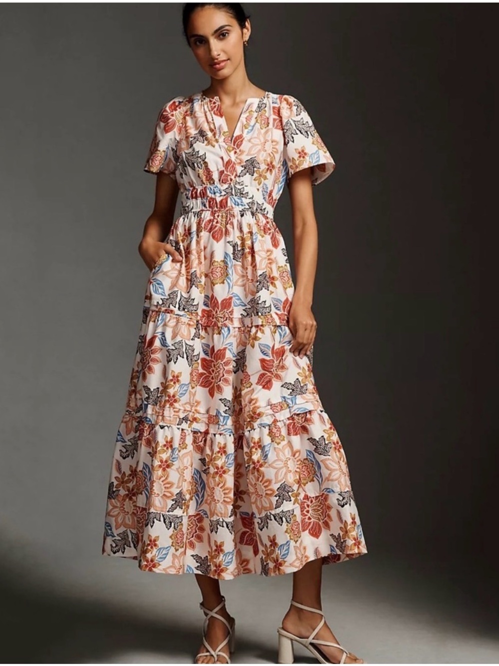 Anthropologie Peach and Blue Floral Tiered Maxi Dress